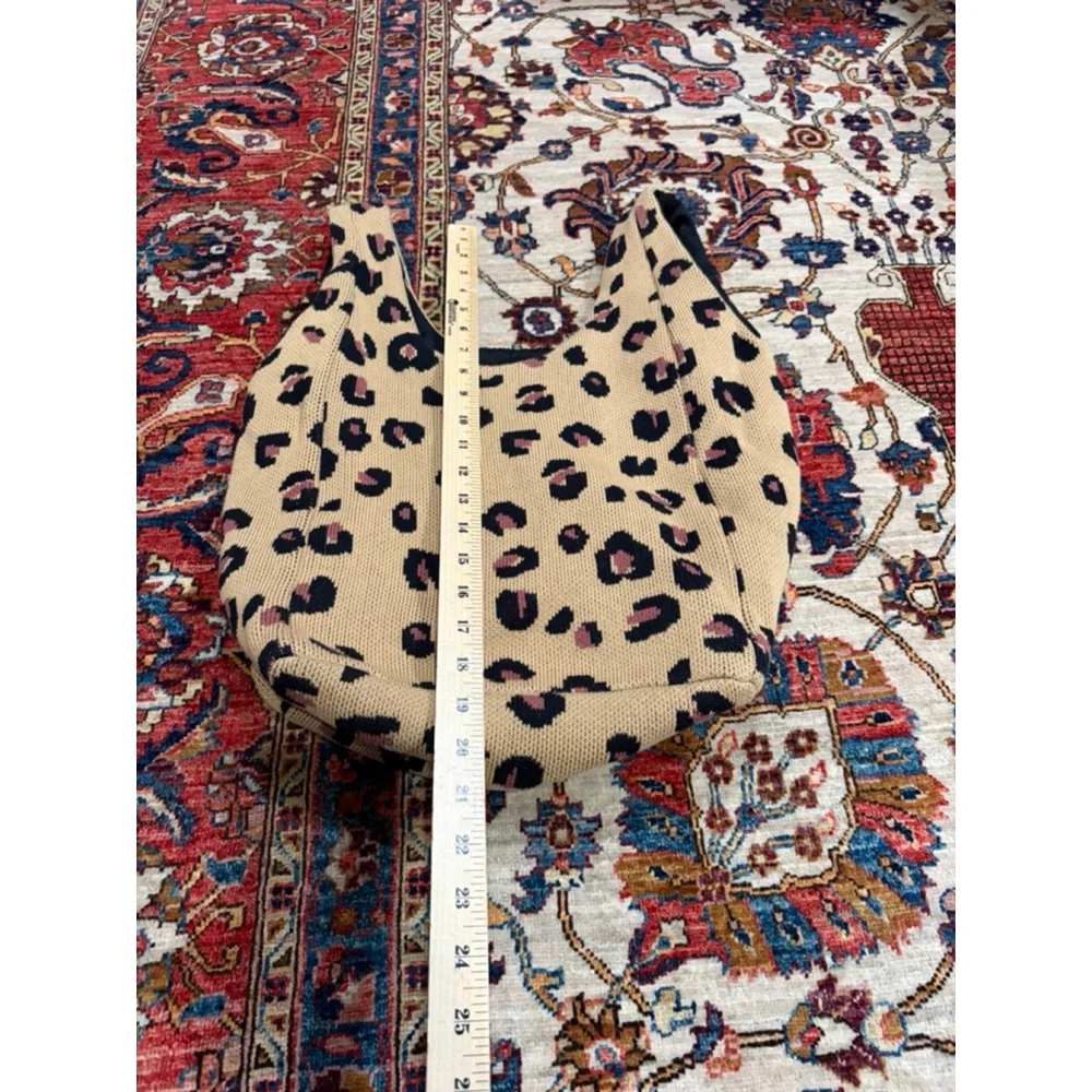 Hansel from Basel Knit Leopard Print Tote Bag Slouchy Shoulder Hobo Tan Cotton